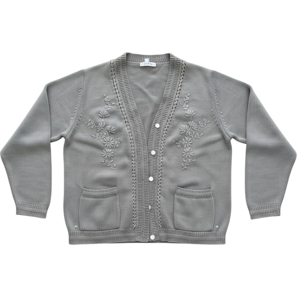 TC Fashion Gray Floral Embroidered Cardigan Sweater Vintage 90s Grandmacore L